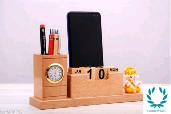 Graceful Wooden 5 In 1 Desk Organizer With Multi Holder - Pen Holders, Calender, Clock, Mobile Holder And Small Ganesh Idol - Wooden, Ganesh Idol, 1 Piece